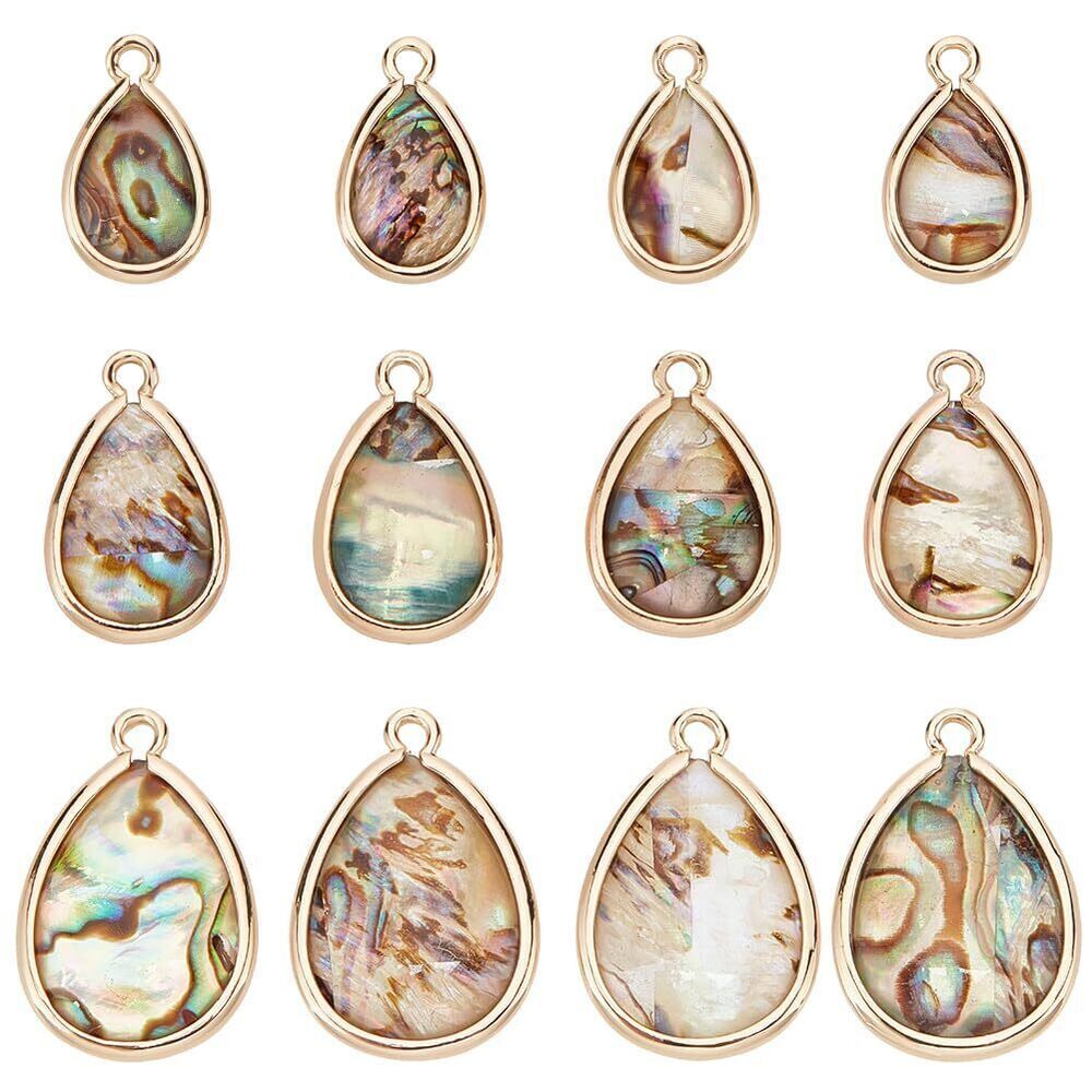 7540 12Pcs 3 Styles Teardrop Abalone Shell Pendants, Handmade Epoxy Paua